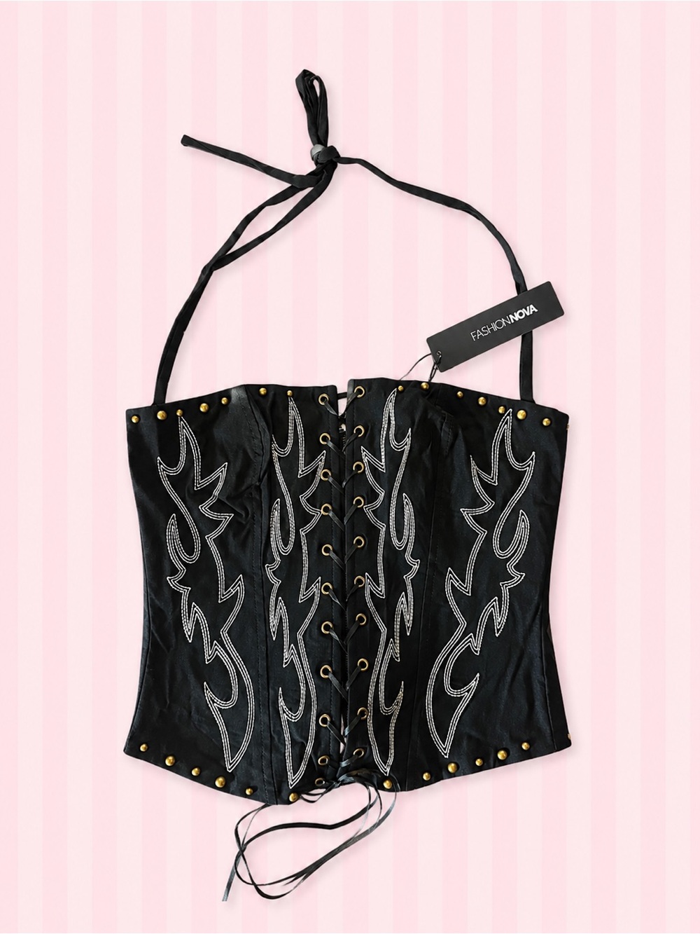 Fashion Nova Black Flame Corset Top NWT Y2K Lace Up Halter Western Biker